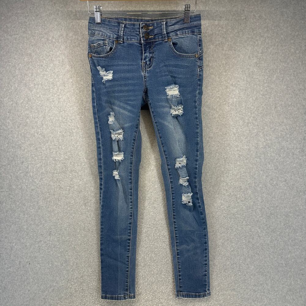 Gogo Mid Rise Ankle Jeans Womens Size 3 Blue Distressed Skinny Cotton Blend